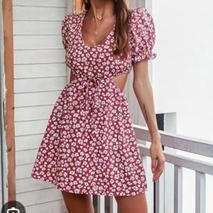 Peach Love California Red‎ Floral Dress Open Sides And Open Back Waist Size S